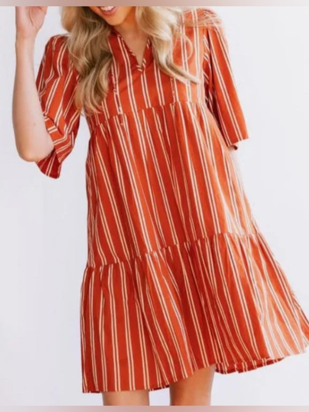 Striped Rust/ White Poplin Loose Fit Tiered Midi Dress : Size Small